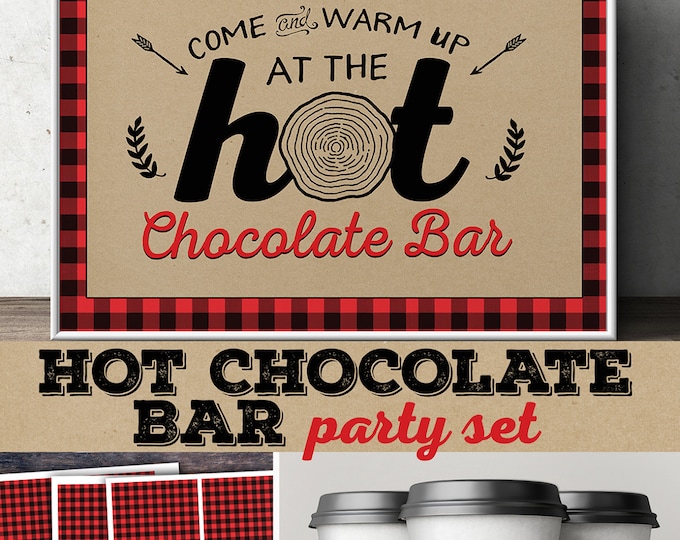 Hot chocolate bar, Lumberjack party, Woodland baby shower.Kraft, couple baby shower, hot cocoa, flannel, food tents, sign