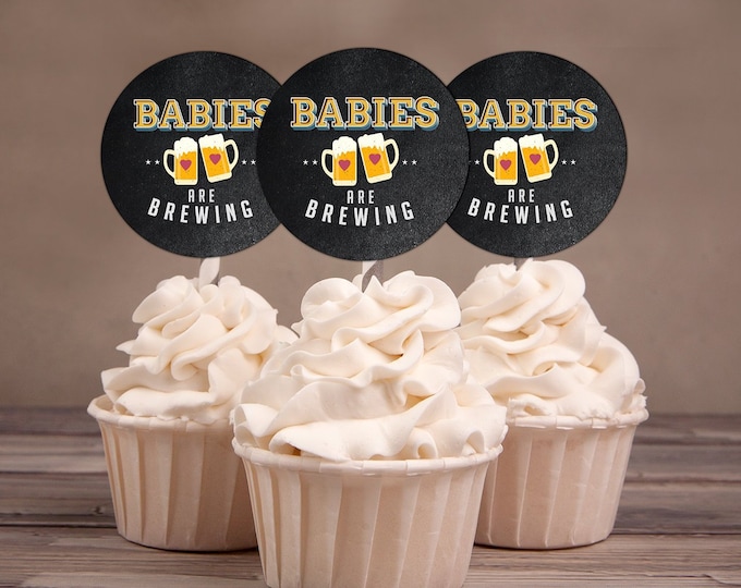 Baby is brewing, cupcake toppers, Coed baby shower, Beer baby shower, couples baby shower BBQ, retro, beer tasting, printable files