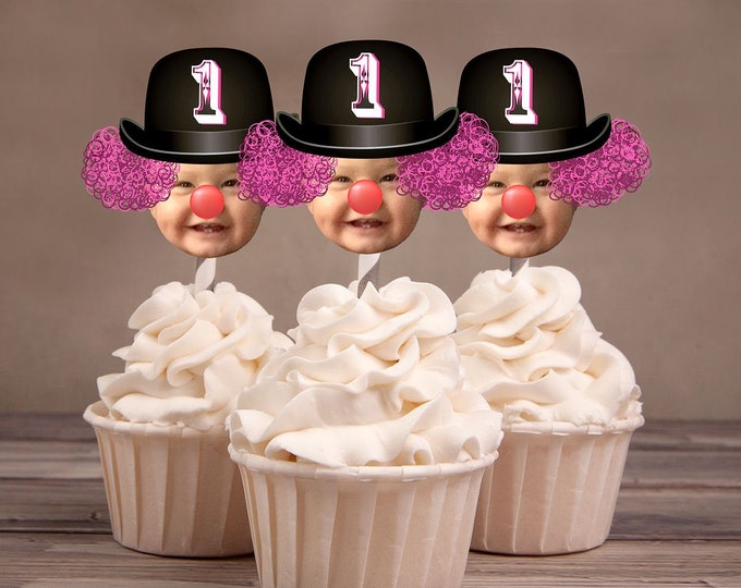 Photo Cupcake Toppers (Birthday Hat Design) Digital File - circus, carnival, under the big top, first birthday, 1st, clown, vintage, topper