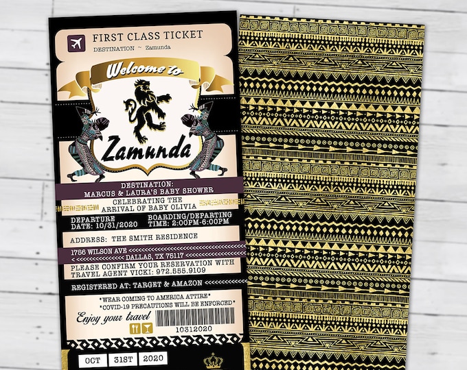 PASSPORT and TICKET baby shower invitation, Birthday invitation, Africa Passport, Coming to America, Zamunda, wedding, Digital files only