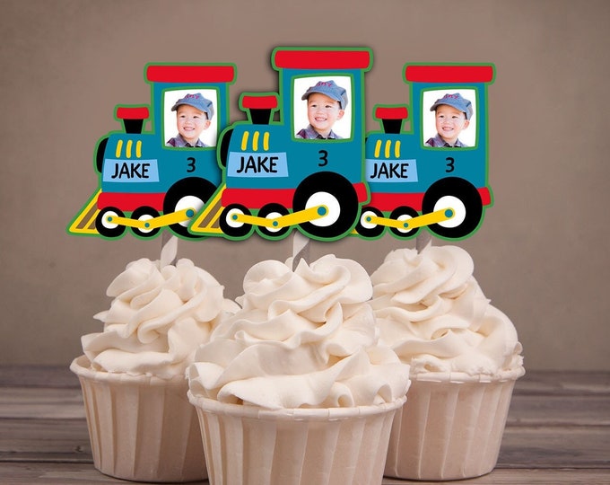 Train birthday, Birthday Photo cupcake toppers. Train conductor with scarf, Choo Choo train,  train conductor, topper, boy birthday