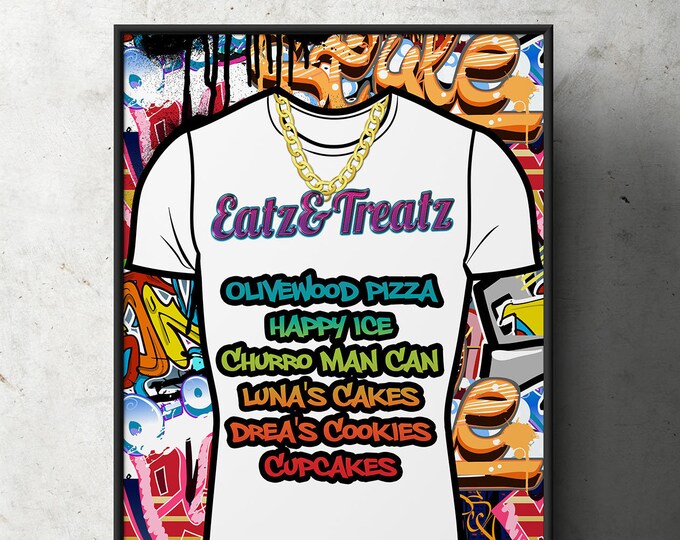 Menu sign, Fresh Prince, 90s party signs, Birthday, Baby Shower, Hip Hop, 90s, party decor, Graffiti, birthday, DJ, 90s party, digital file