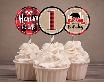 Woodland Cupcake Toppers, Lumberjack birthday, Buffalo Plaid Woodland, Lumberjack, Rustic,  Bear , camping, outdoors, printable