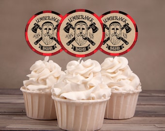 Photo Cupcake Toppers Lumberjack birthday, Buffalo Plaid Woodland, Lumberjack, Rustic,  Bear , camping, outdoors, printable