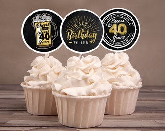 40th birthday party decorations - Cupcake toppers - Cheers to 40 years - Cheers & Beers - Instant download party decor for him or her