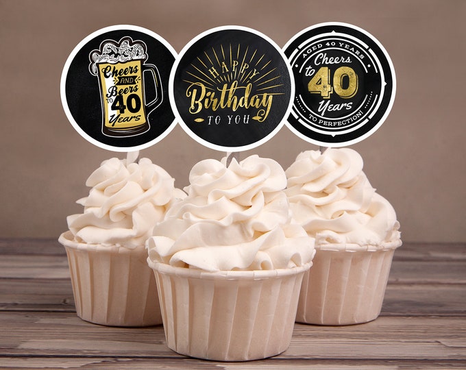 40th birthday party decorations - Cupcake toppers - Cheers to 40 years - Cheers & Beers - Instant download party decor for him or her