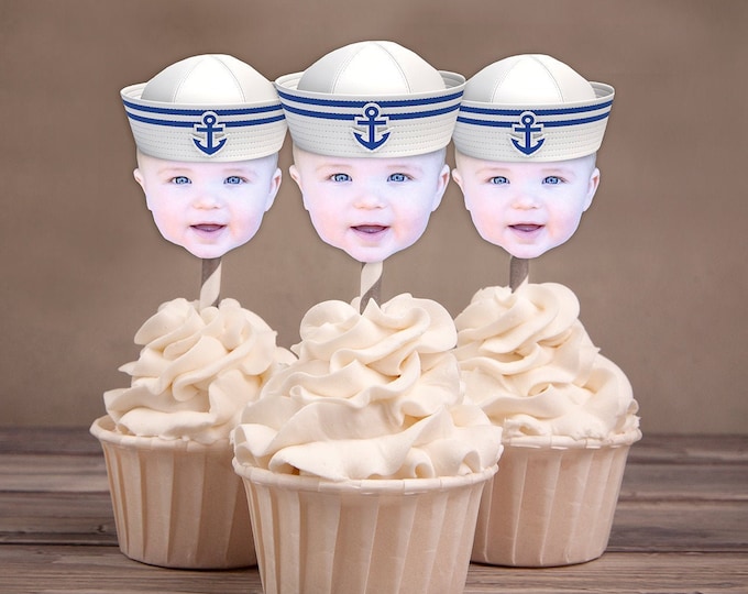 Photo Cupcake Toppers (Birthday Hat Design) Digital File - nautical, sailor, captain, boat, sailboat, fishing, Ahoy