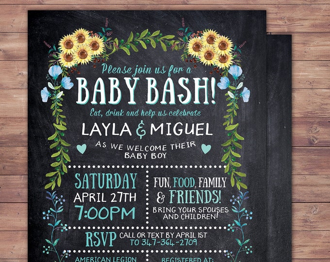 Floral, rustic, BOHO, BabyQ chalkboard couples co-ed Baby Shower BBQ invitation, baby q, boy girl- baby is brewing, baby girl shower