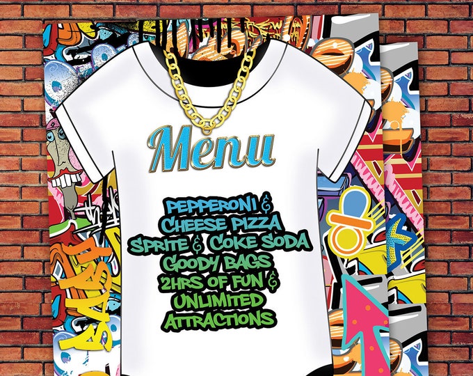 Menu, Fresh Prince, Birthday, Baby Shower, Hip Hop, Swagger, 90s, Graffiti, birthday, DJ, 90s party, HipHop birthday