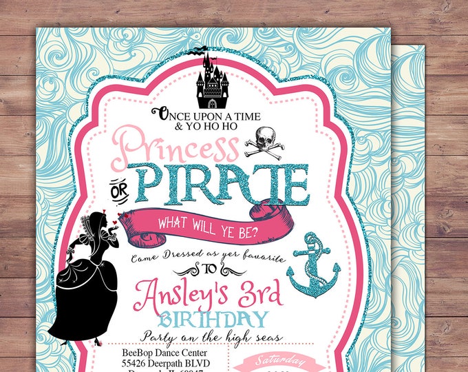 Pirate and Princess Party Invitations Personalised. Pirate and Princess Birthday Invitation, Princess and Pirate invitation , vintage, retro