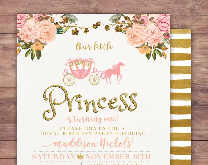 Princess Birthday Invitation Princess Carriage Birthday Invitation Pink Gold Glitter Princess Birthday Invite Carriage Invitation
