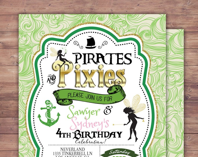 Pirates and Pixie, Party Invitations, Pirate, Tinkerbell, Pixie, Invitation, Pirate and pixie invitation ,Twins, fairy, birthday, nautical