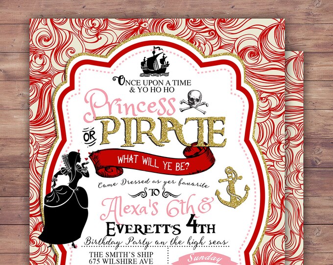 Pirate and Princess Party Invitations Personalised. Pirate and Princess Birthday Invitation, Princess and Pirate invitation , vintage, retro