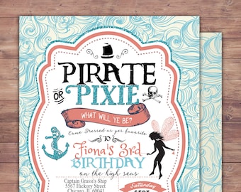 Pirates and Pixie, Party Invitations, Pirate, Princess, Pixie, Invitation, Pirate and pixie invitation ,Twins, fairy, birthday, nautical