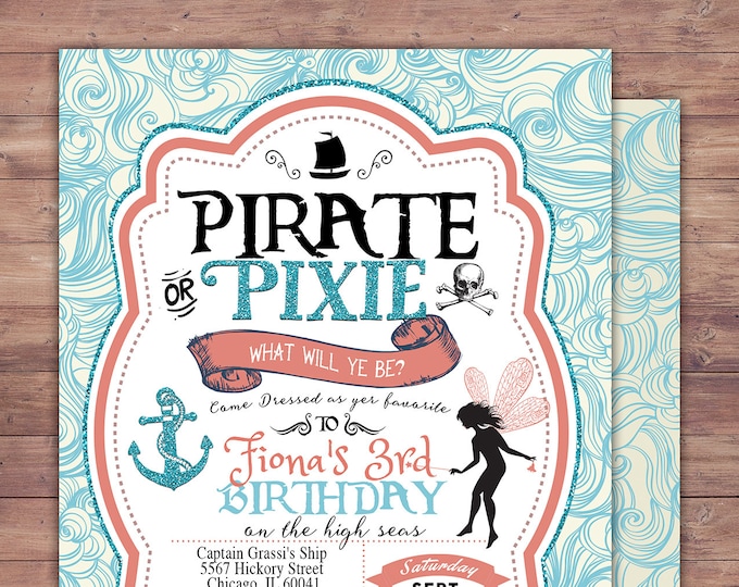 Pirates and Pixie, Party Invitations, Pirate, Princess, Pixie, Invitation, Pirate and pixie invitation ,Twins, fairy, birthday, nautical