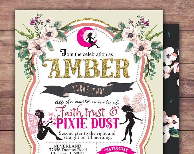 Fairy Birthday Invitation // neverland Invitation // Watercolor Floral // Baby Shower // Vintage Floral Background // Pixie invitation //1st