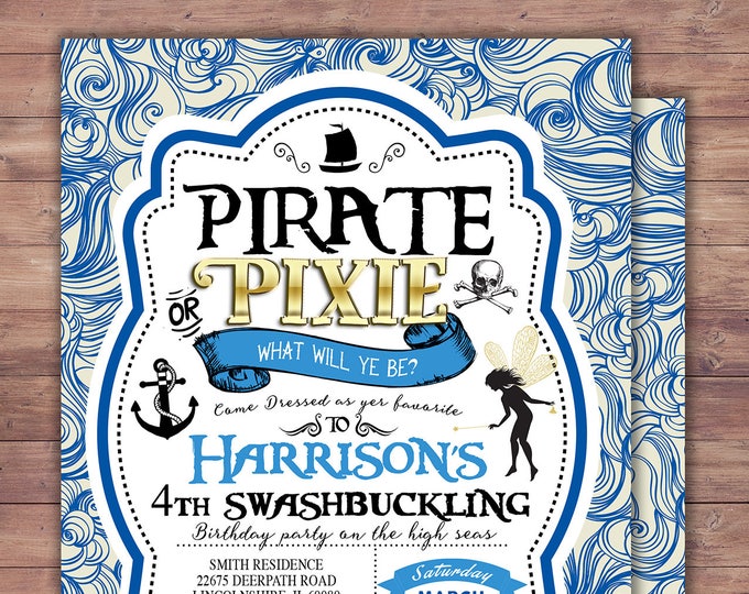 Pirates and Pixie, Party Invitations, Pirate, Tinkerbell, Pixie, Invitation, Pirate and pixie invitation ,Twins, fairy, birthday, nautical