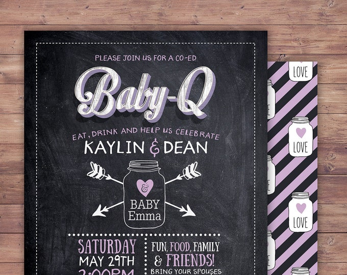 Chalkboard, rustic, BOHO, BabyQ invitation, couples, co-ed Baby Shower BBQ invitation - babyq - boy girl- baby is brewing, baby girl shower