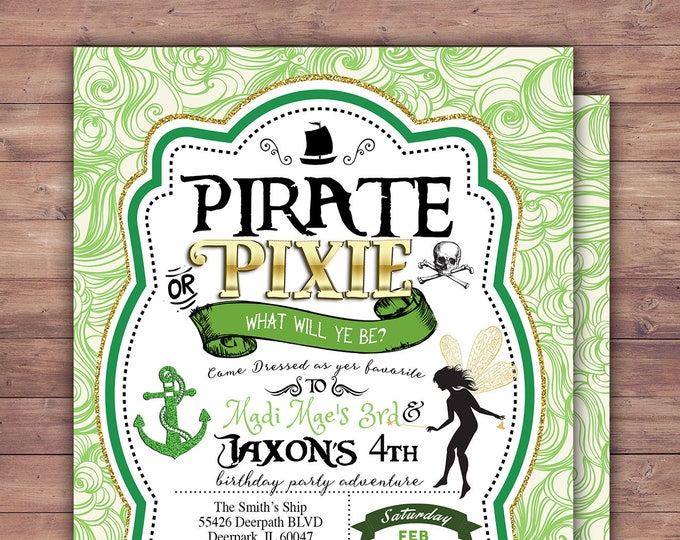 Pirates and Pixie, Party Invitations, Pirate, Tinkerbell, Pixie, Invitation, Pirate and pixie invitation ,Twins, fairy, birthday, nautical