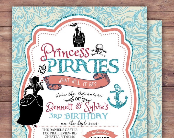 Pirate and Princess Party Invitations Personalised. Pirate and Princess Birthday Invitation, Princess and Pirate invitation , vintage, retro
