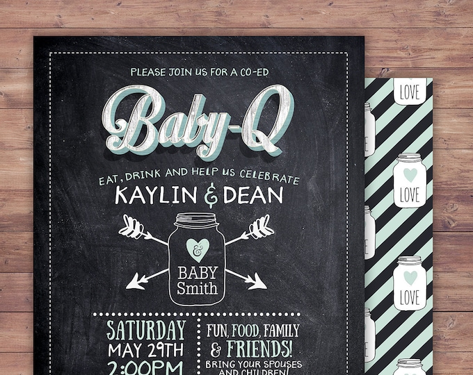 Chalkboard, rustic, BOHO, BabyQ invitation, couples, co-ed Baby Shower BBQ invitation - babyq - boy girl- baby is brewing, baby girl shower