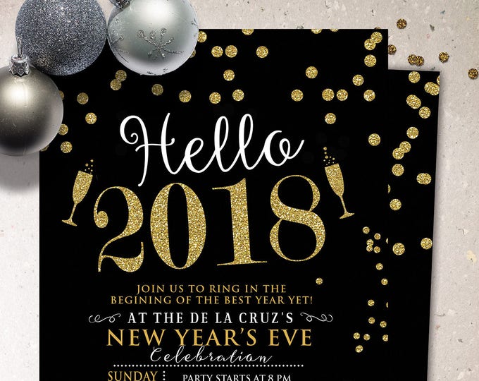 New Years Invitation - New Years Eve Invitation - New Years Party - New Years Invite - Black & Glitter Invitation - New Year's Eve Printable