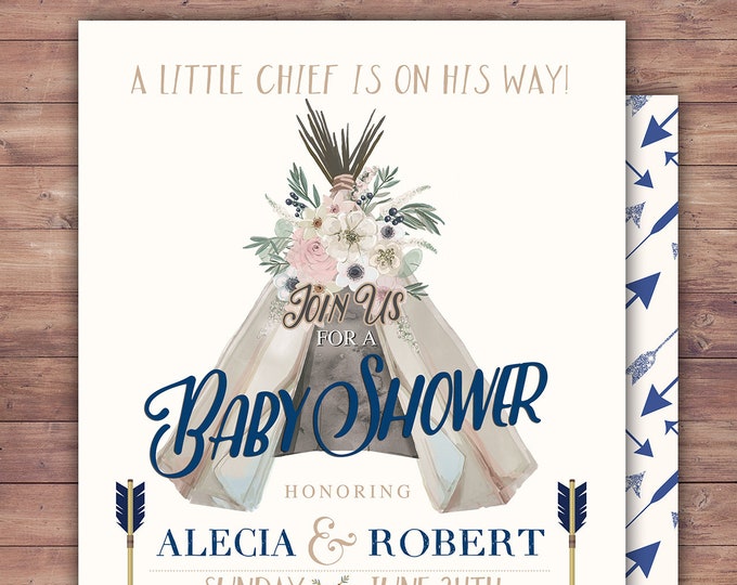 TEEPEE Baby Shower Invitation, Indian Baby shower Invite, aztec baby shower invite,boy, invitation, gender reveal, pow wow, BOHO, Tribal