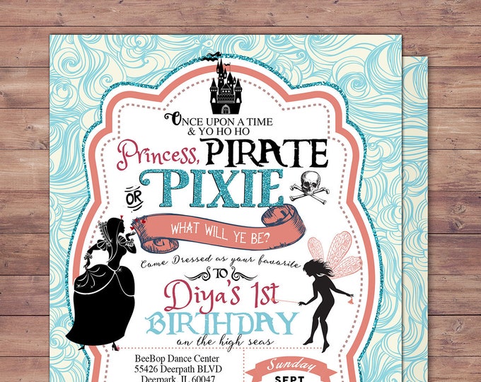 Pirates and Pixie, Party Invitations, Pirate, Princess, Pixie, Invitation, Pirate and pixie invitation ,Twins, fairy, birthday, nautical