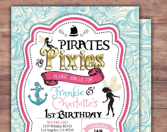 Pirates and Pixie, Party Invitations, Pirate, Princess, Pixie, Invitation, Pirate and pixie invitation ,Twins, fairy, birthday, nautical