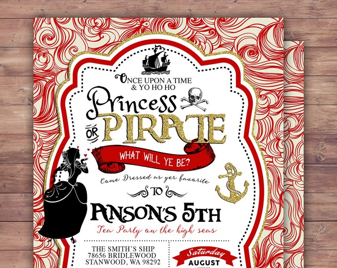 Pirate and Princess Party Invitations Personalised. Pirate and Princess Birthday Invitation, Princess and Pirate invitation , vintage, retro