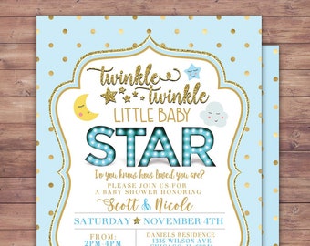 May include: Blue and gold baby shower invitation with gold glitter polka dots. The invitation says "Twinkle Twinkle Little Baby Star" with a star-shaped light bulb sign. The invitation also includes the names "Scott & Nicole" and the date "Saturday, November 4th".