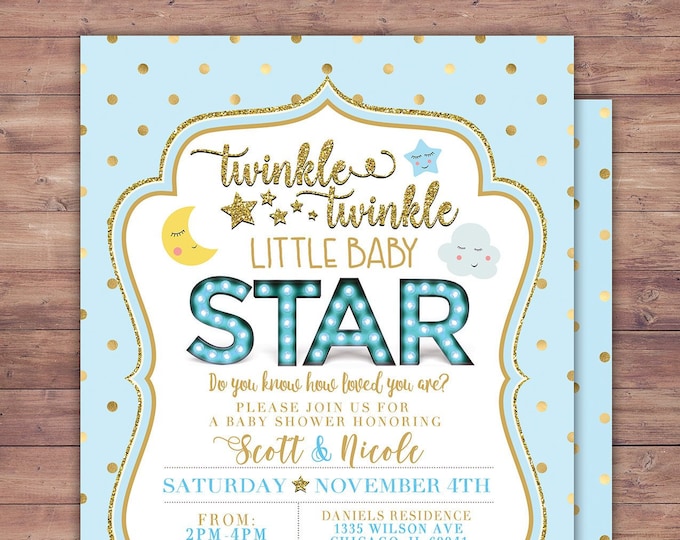 Twinkle twinkle little star baby shower invitation, girl pink and gold, boy blue and gold, glitter, baby sprinkle invite