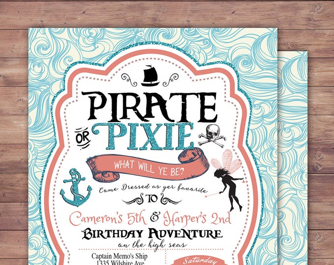 Pirates and Pixie, Party Invitations, Pirate, Princess, Pixie, Invitation, Pirate and pixie invitation ,Twins, fairy, birthday, nautical
