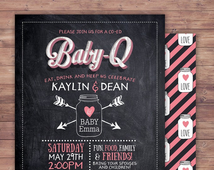 Chalkboard, rustic, BOHO, BabyQ invitation, couples, co-ed Baby Shower BBQ invitation - babyq - boy girl- baby is brewing, baby girl shower