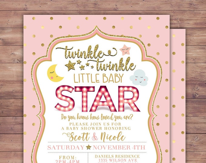 Twinkle twinkle little star baby shower invitation, girl pink and gold, boy blue and gold, glitter, baby sprinkle invite