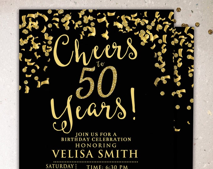 ANY AGE, Cheers invitation, 21st, 30th, 40th, 50th, 60th, 70th, Surprise Birthday Party Invitation, adult birthday, confetti and glitter