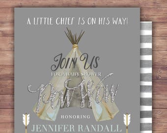 Teepee Baby Shower Invitation, Indian Baby shower Invite, aztec baby shower invite, boy, invitation, arrow, pow wow, BOHO, Tribal invite