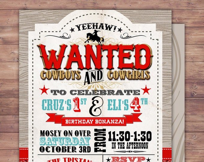 Vintage Cowboy Invitation, boy birthday, cowgirl, rodeo, western invitation, retro, wanted poster, rodeo poster, cowgirl, horse