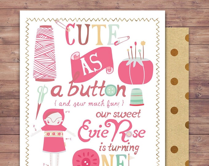 Cute as a button invitation, Button invitation, 1st birthday invitation, first birthday invitation, digital, Printable Invitation