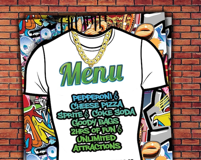 Menu, Fresh Prince, Birthday, Baby Shower, Hip Hop, Swagger, 90s, Graffiti, birthday, DJ, 90s party, HipHop birthday, Push it shower, 90s