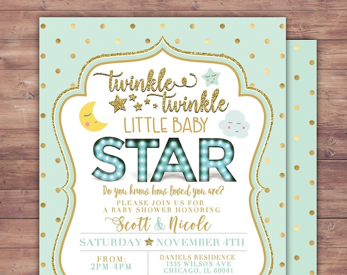 Twinkle twinkle little star baby shower invitation, girl pink and gold, boy blue and gold, glitter, baby sprinkle invite