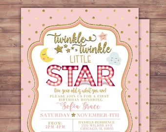 Twinkle twinkle little star first birthday invitation, first birthday invitation girl pink and gold, photo 1st birthday invitation, boy