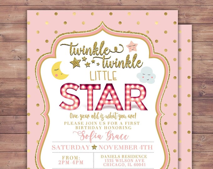 Twinkle twinkle little star first birthday invitation, first birthday invitation girl pink and gold, photo 1st birthday invitation, boy