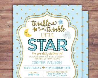 May include: A light blue invitation with gold polka dots and a gold frame. The text reads "Twinkle Twinkle Little Star" and announces a first birthday honoring Cooper Wilson. The invitation includes date, time, and RSVP information.