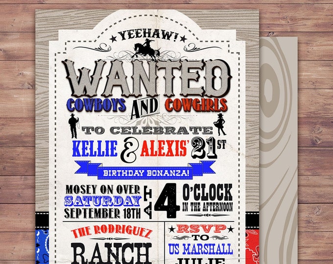 Vintage Cowboy Invitation, boy birthday, cowgirl, rodeo, western invitation, retro, wanted poster, rodeo poster, cowgirl, horse