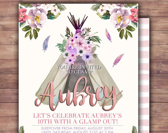 Glamping, Sleepover, camping, Teepee Birthday Invitation, pow wow, BOHO, Tribal, first birthday, 1st birthday, Gold glitter, pajama party