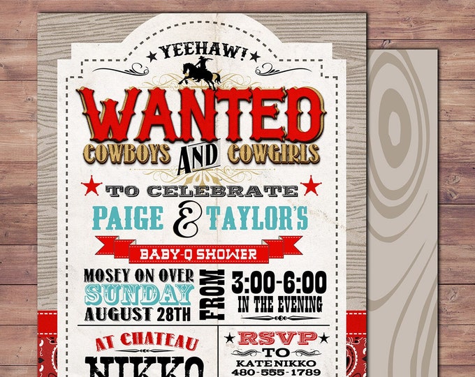 Western baby shower invitation, Cowboy invite, Cowgirl invite, Rodeo, Western invitation, Retro, wanted poster, rodeo poster, cowgirl, horse