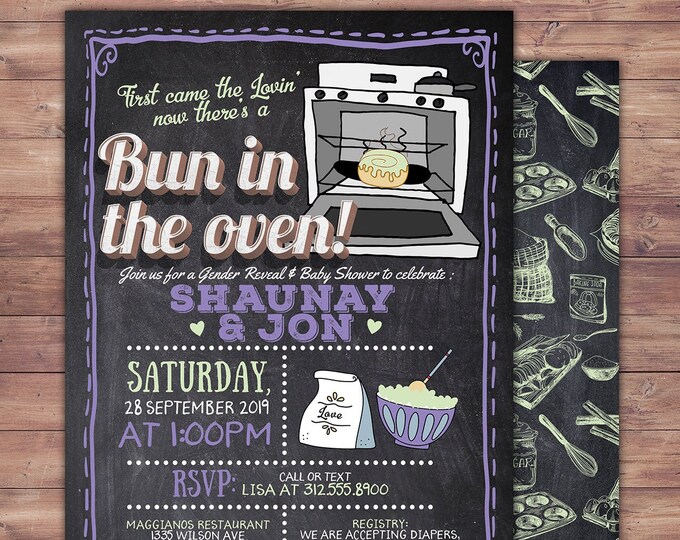 A Bun is in the Oven Invitation, Gender Reveal Invitation, BABYQ, Gender Reveal Invitation, baby shower invite