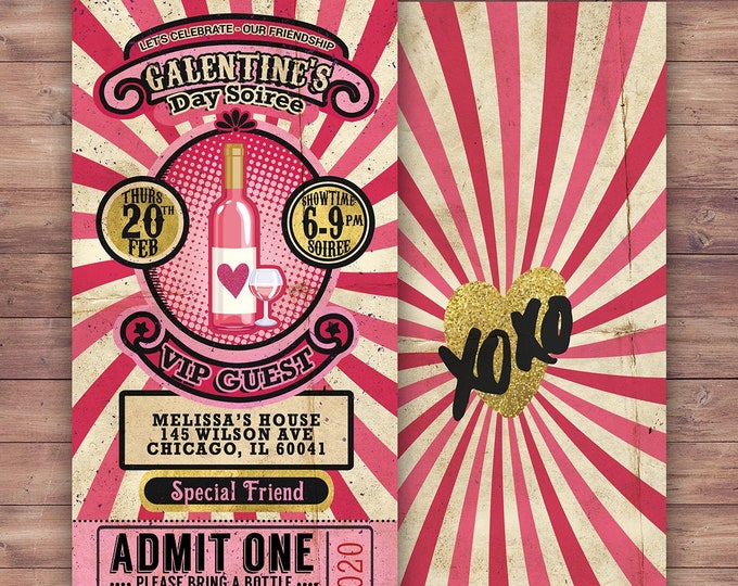 Galentine's Day Invite, Retro Invite, Galentines, Valentines Day, Game night, Game party, Valentine's, Valentine's Day, Wine, Rose'