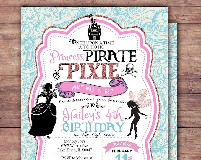 Pirates and Pixie, Party Invitations, Pirate, Princess, Pixie, Invitation, Pirate and pixie invitation ,Twins, fairy, birthday, nautical